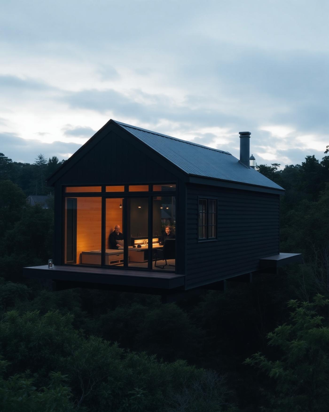 Black timber cabin exterior at dusk