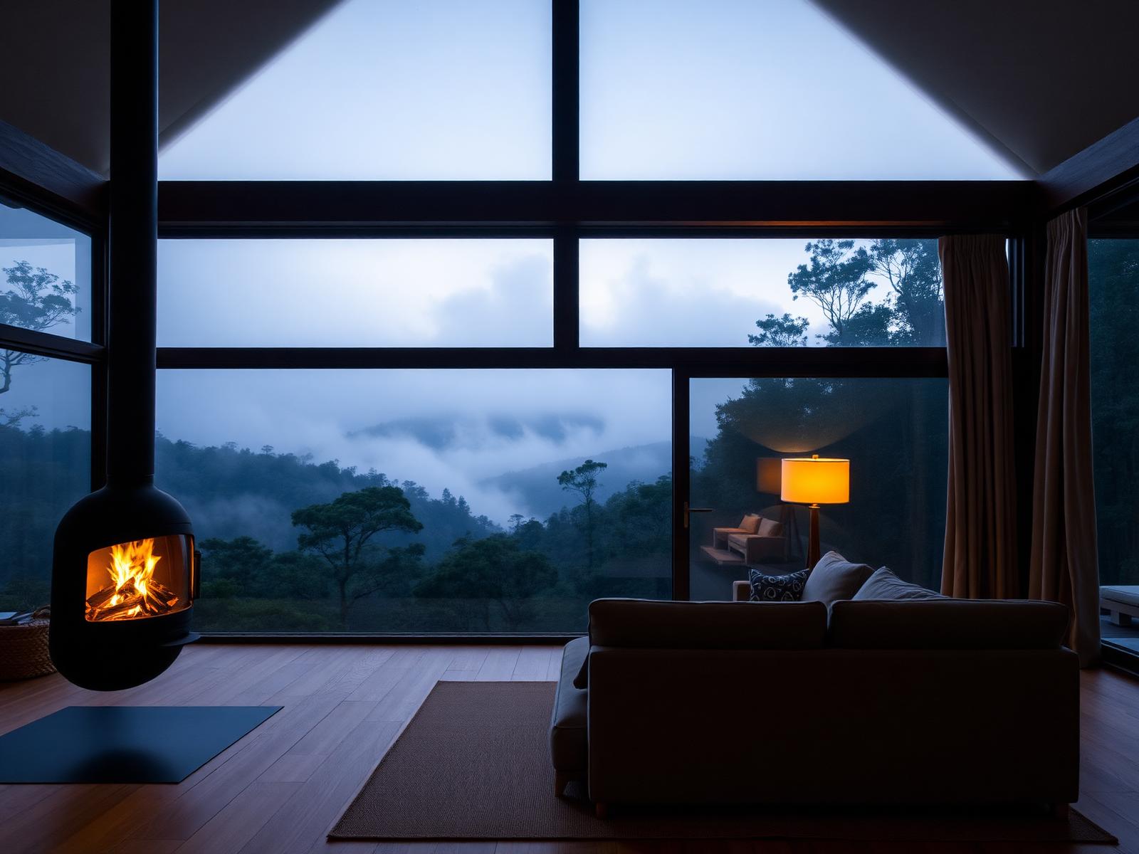 Interior of a Vale House cabin overlooking misty rainforest