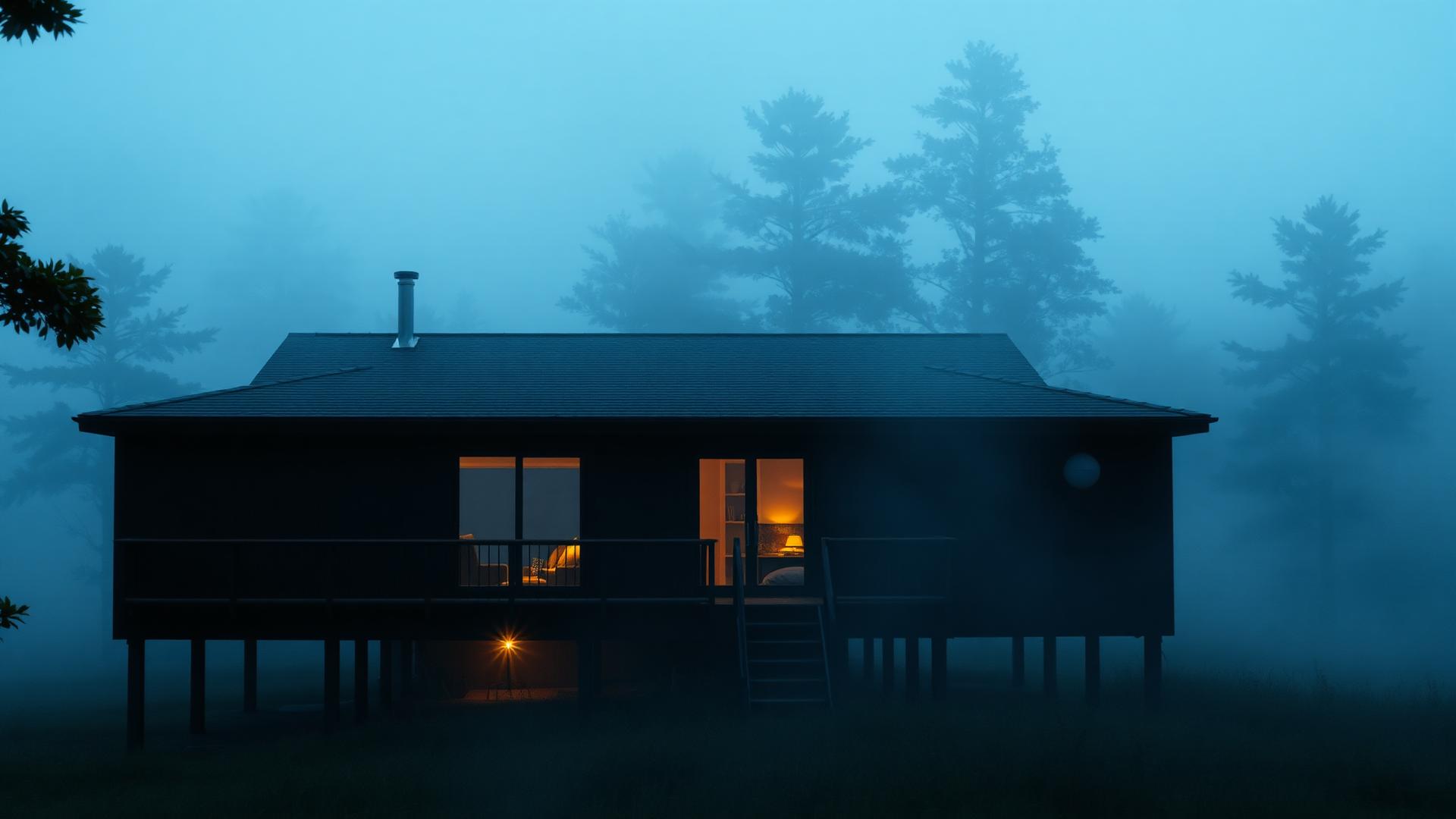 Vale House at blue hour, mist through the trees