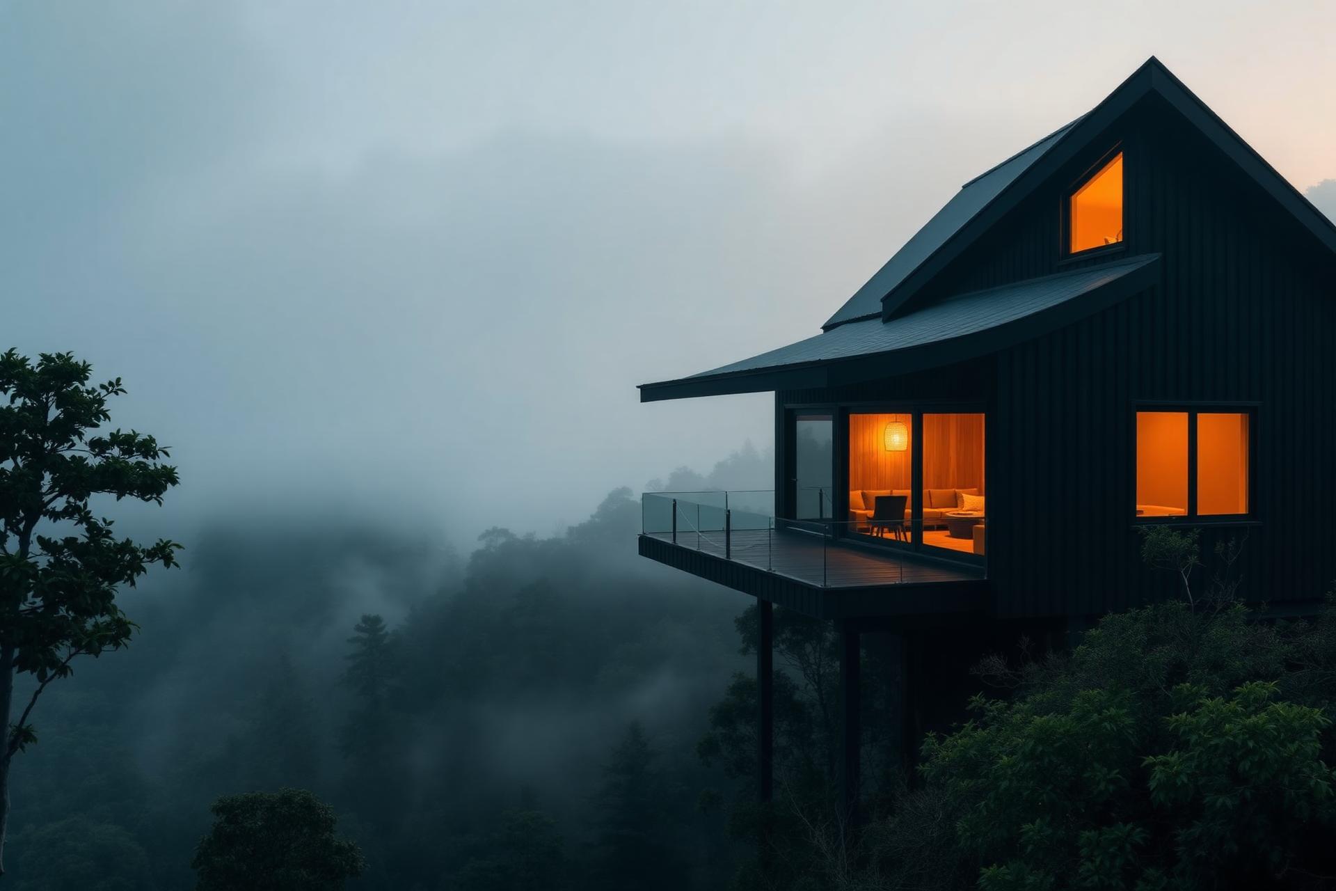 Vale House cabin above the misty Gold Coast hinterland at dusk